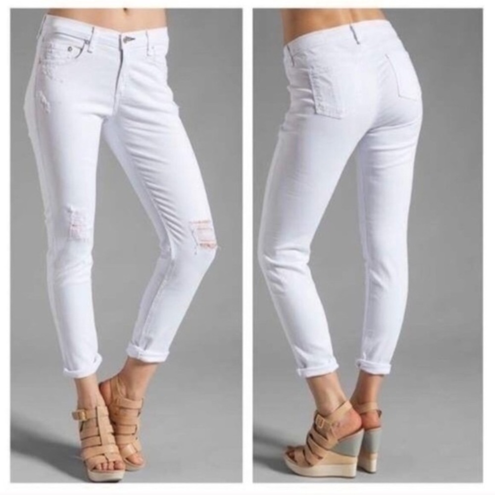 Rag and bone distressed dash slouchy skinny jeans in off white size 24